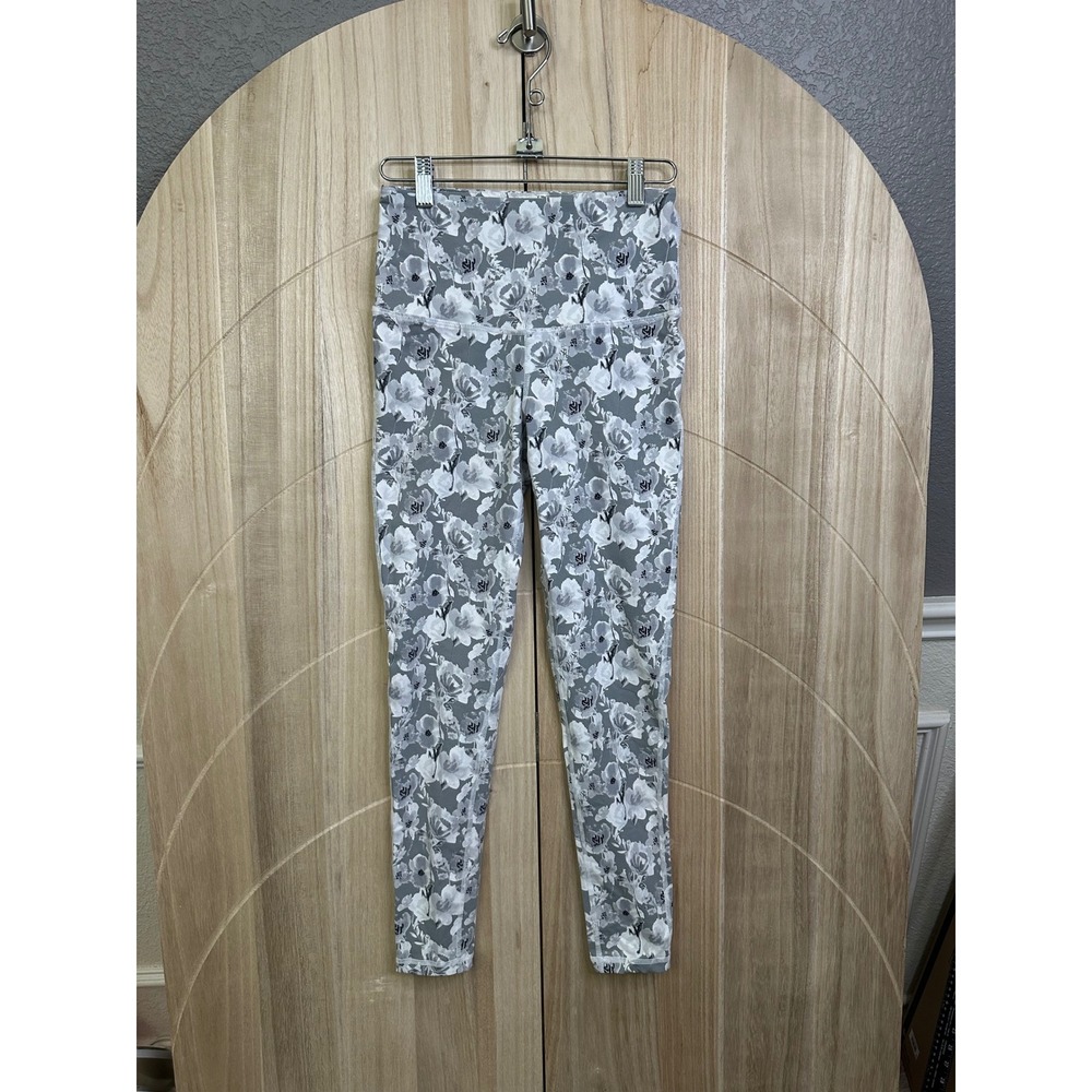 Mono B Gray White Floral High Waisted Athletic Leggings AP11996 Small‎